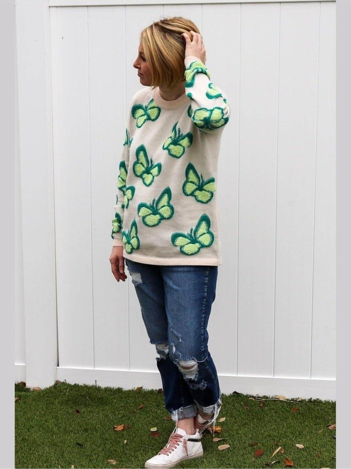 Cream Sweater with Green Butterflies - Lolo Viv Boutique