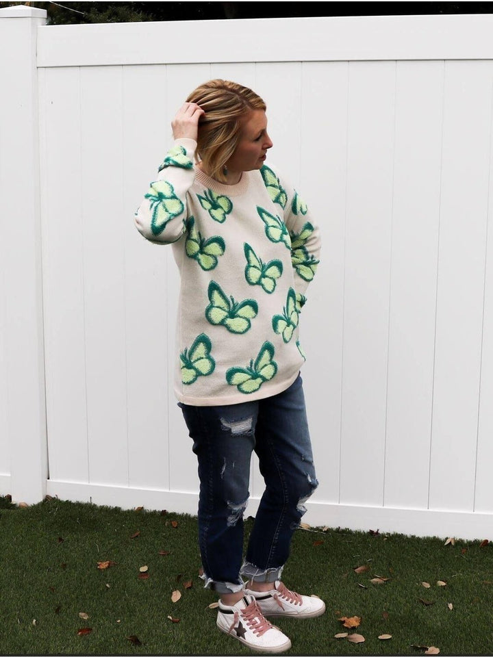 Cream Sweater with Green Butterflies - Lolo Viv Boutique