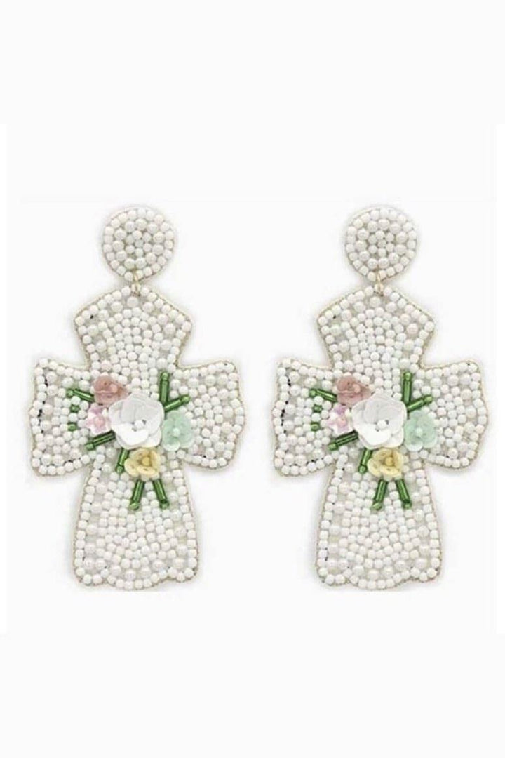 Cross and Pastel Flower Beaded Earrings - Lolo Viv Boutique
