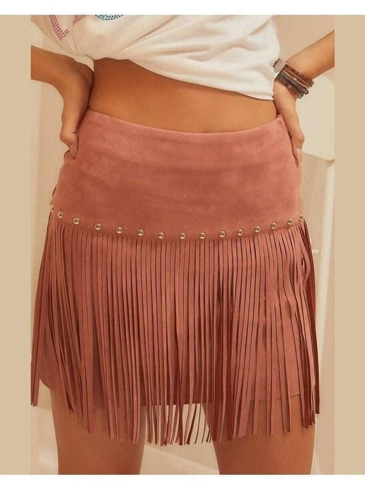 Dusty Rose Fringe Mini Skirt - Lolo Viv Boutique