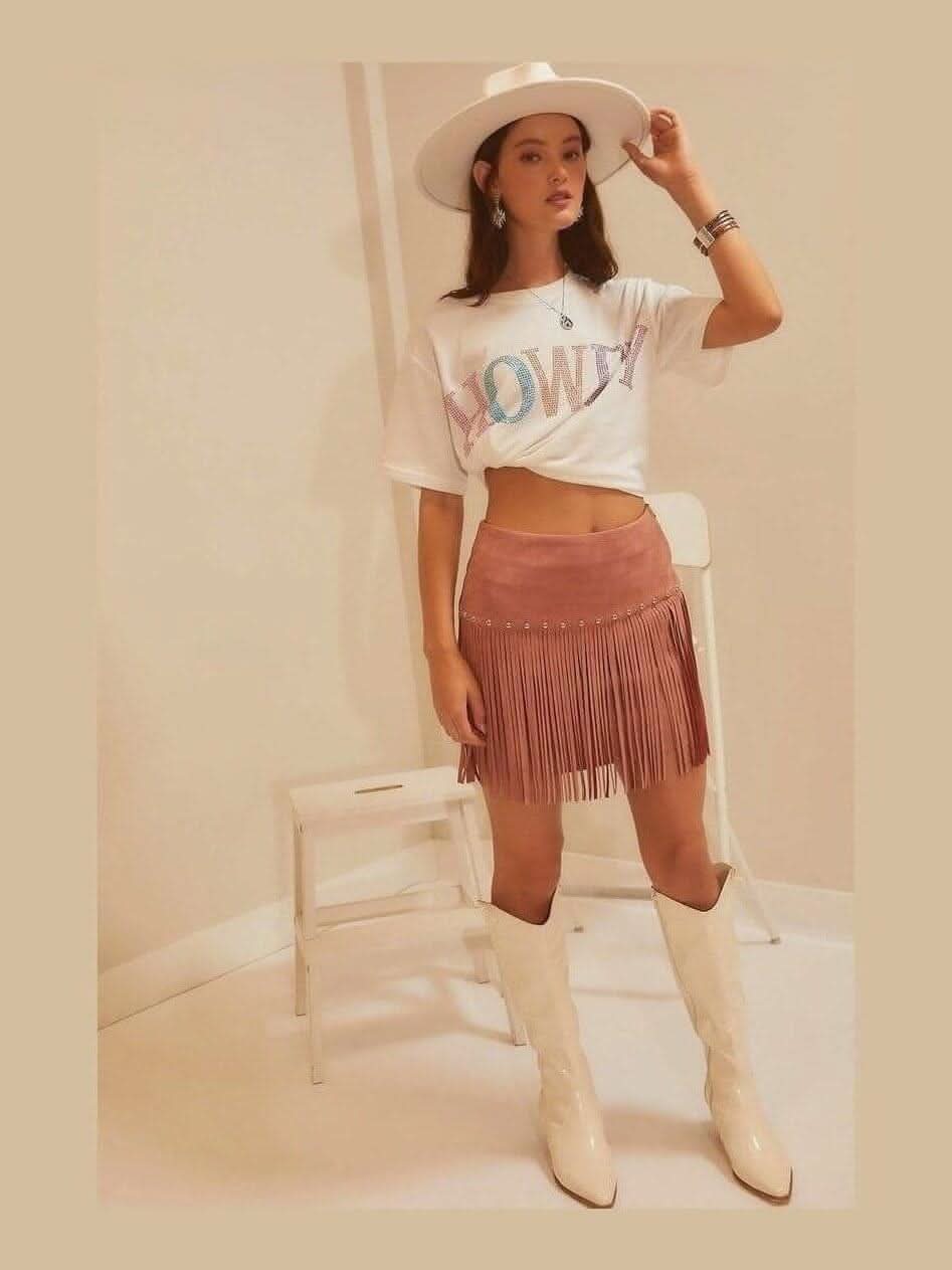 Dusty Rose Fringe Mini Skirt - Lolo Viv Boutique