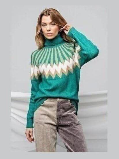 Emerald Opulence Geometric Sweater Reg & Curvy - Lolo Viv Boutique