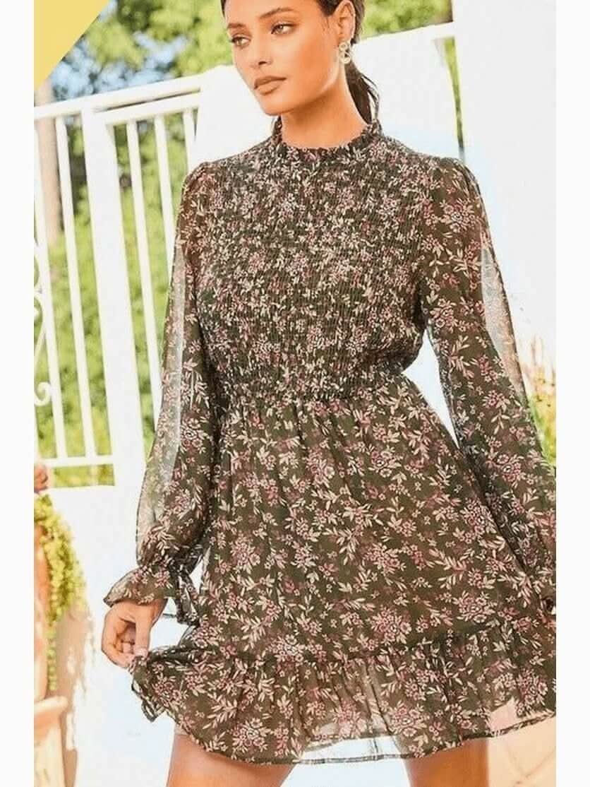 Fall Floral Ditsy Mini Dress with Smocked Top - Lolo Viv Boutique