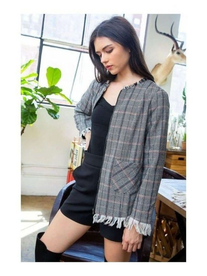 THML: Plaid Fringe Jacket with Pockets & Zipper - Lolo Viv Boutique