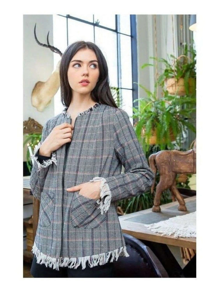 THML: Plaid Fringe Jacket with Pockets & Zipper - Lolo Viv Boutique