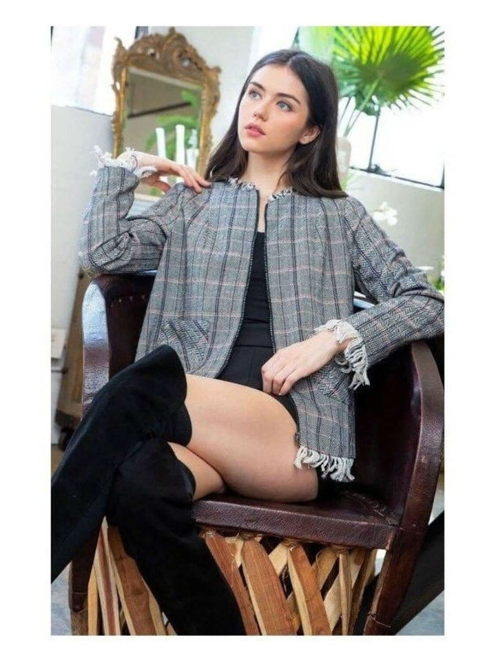 THML: Plaid Fringe Jacket with Pockets & Zipper - Lolo Viv Boutique