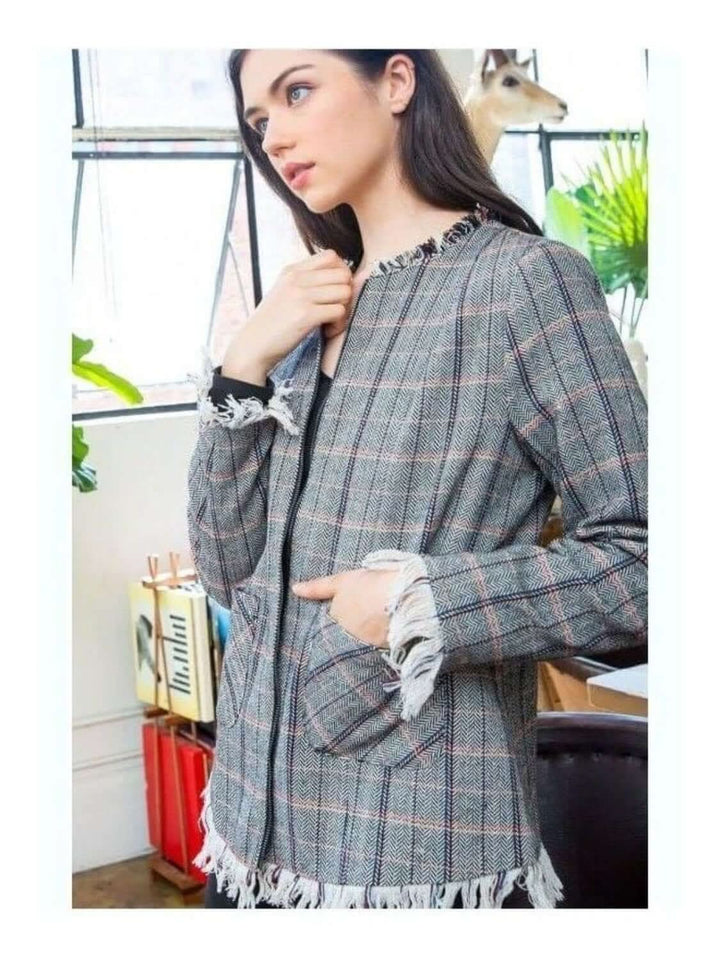 THML: Plaid Fringe Jacket with Pockets & Zipper - Lolo Viv Boutique