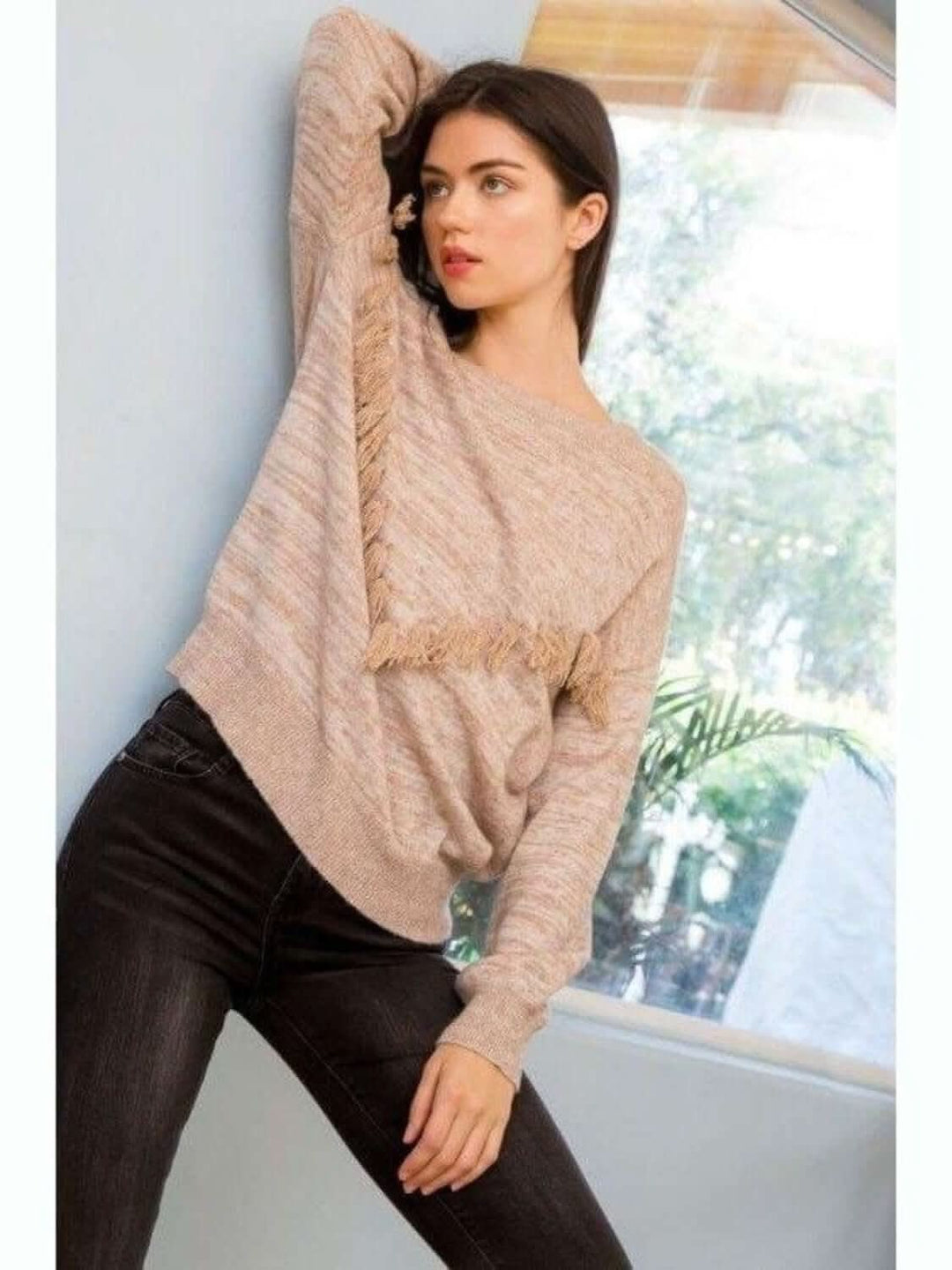 THML: Neutral Fringe Sweater - Lolo Viv Boutique