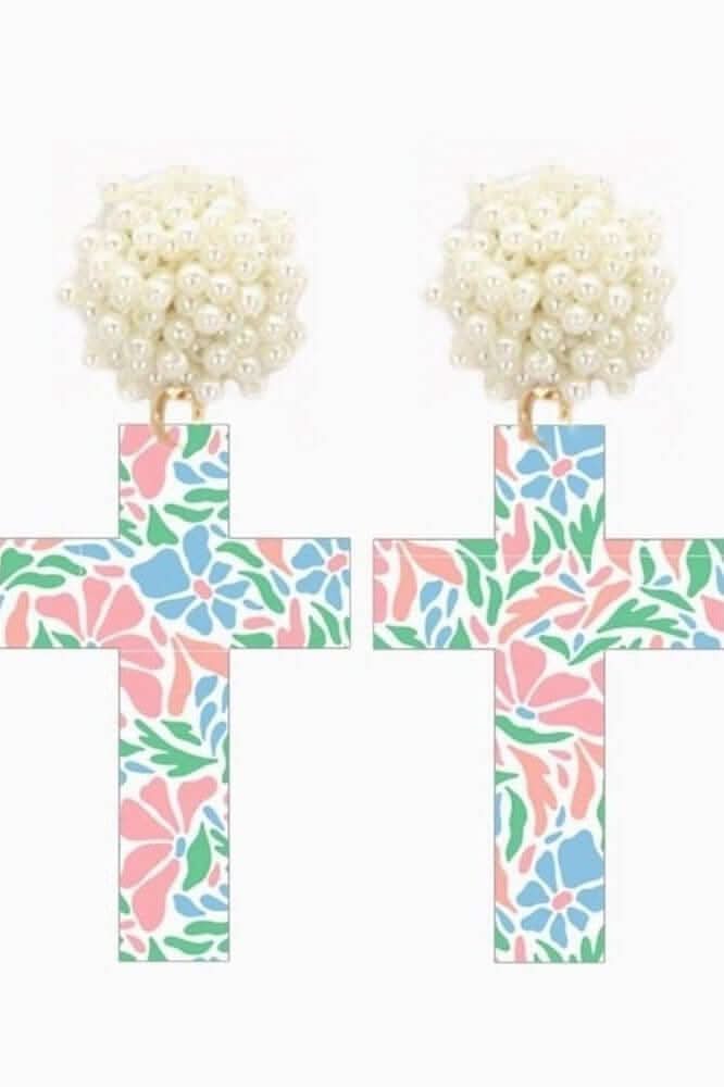 Floral Acrylic Cross Earrings with Beaded Stud Post - Lolo Viv Boutique