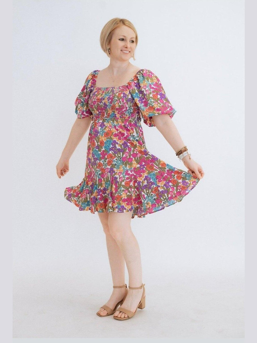 Floral Smocked Dress with Bubble Sleeves