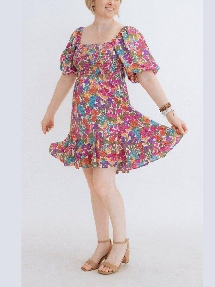 Floral Smocked Dress with Bubble Sleeves - Lolo Viv Boutique