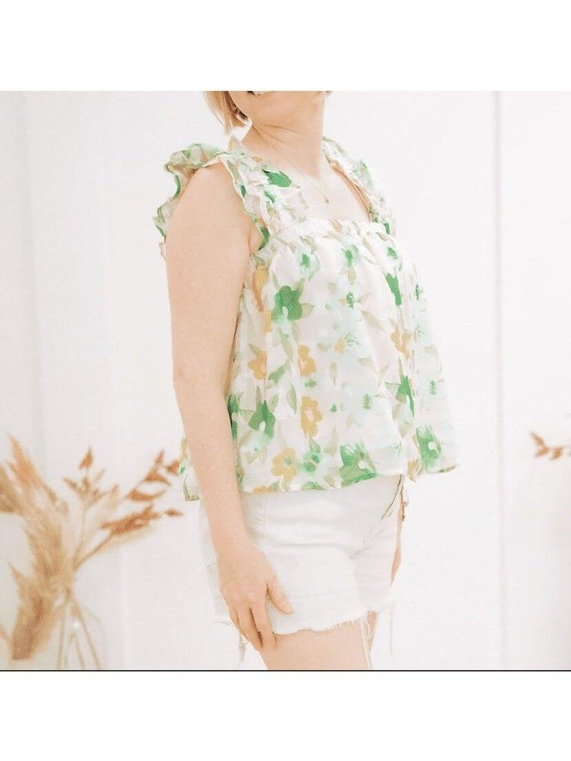 Flowy Pastel Green and Yellow Flower Top