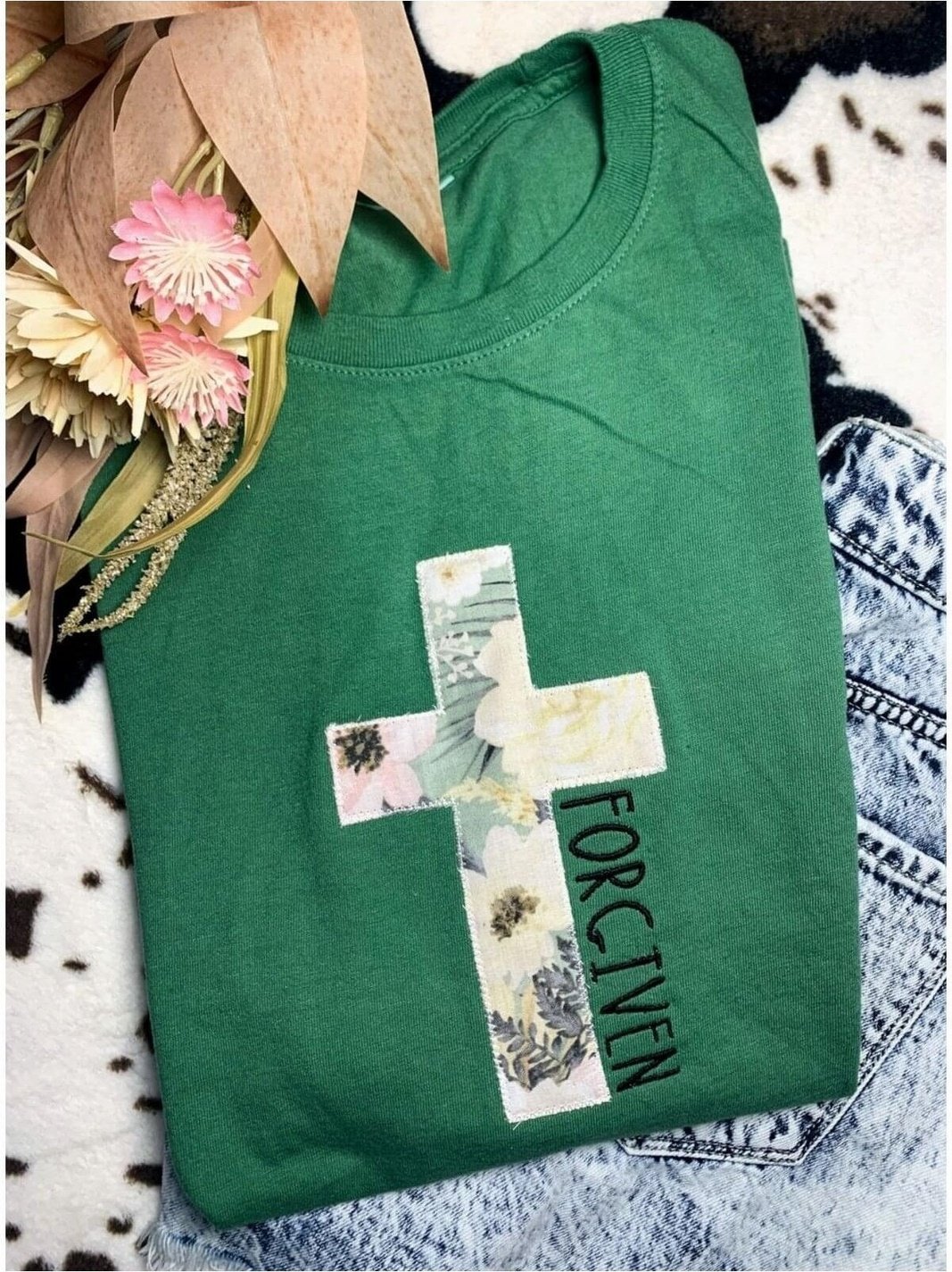 Forgiven T-Shirt with Embroidered Fabric Cross - Lolo Viv Boutique