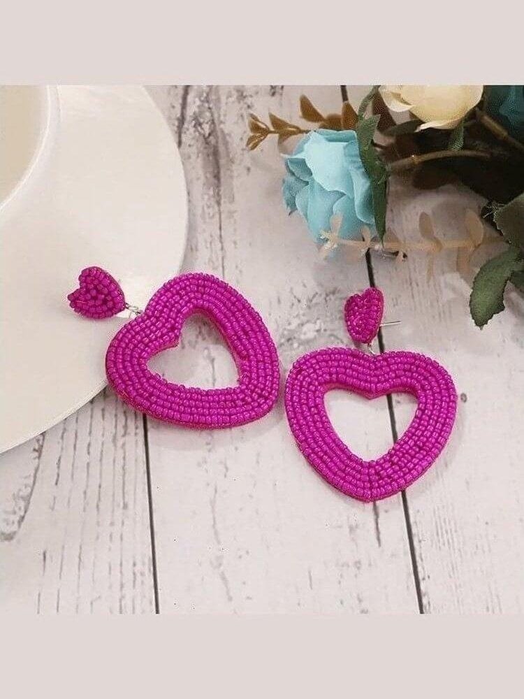 Fuchsia Beaded Heart Earrings - Lolo Viv Boutique