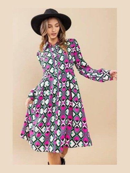 Geometric Print Woven Collared Midi Dress - Lolo Viv Boutique