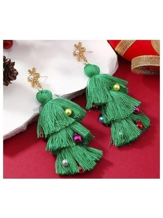 Green Tassel Christmas Tree Earrings - Lolo Viv Boutique