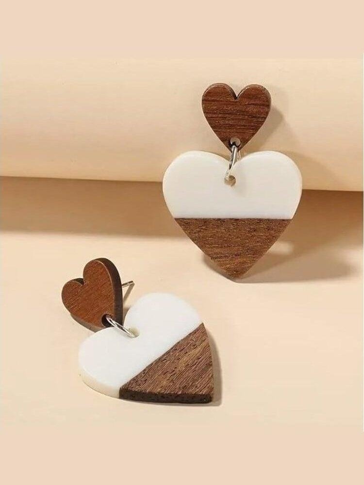 Heart Shaped Wooden & Acrylic Dangle Earrings