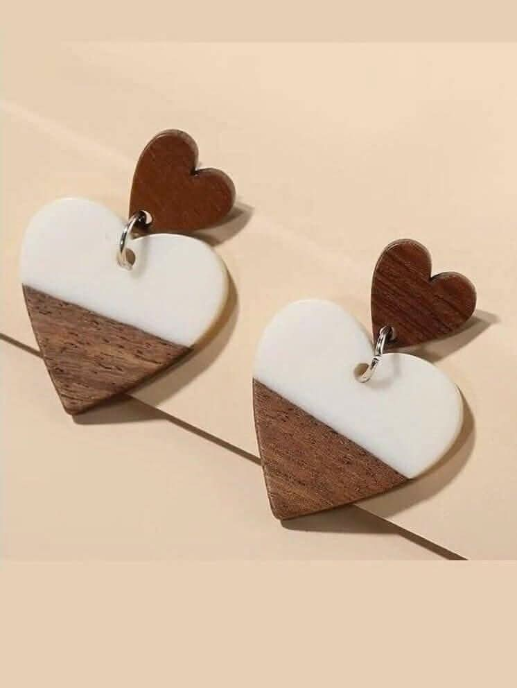 Heart Shaped Wooden & Acrylic Dangle Earrings