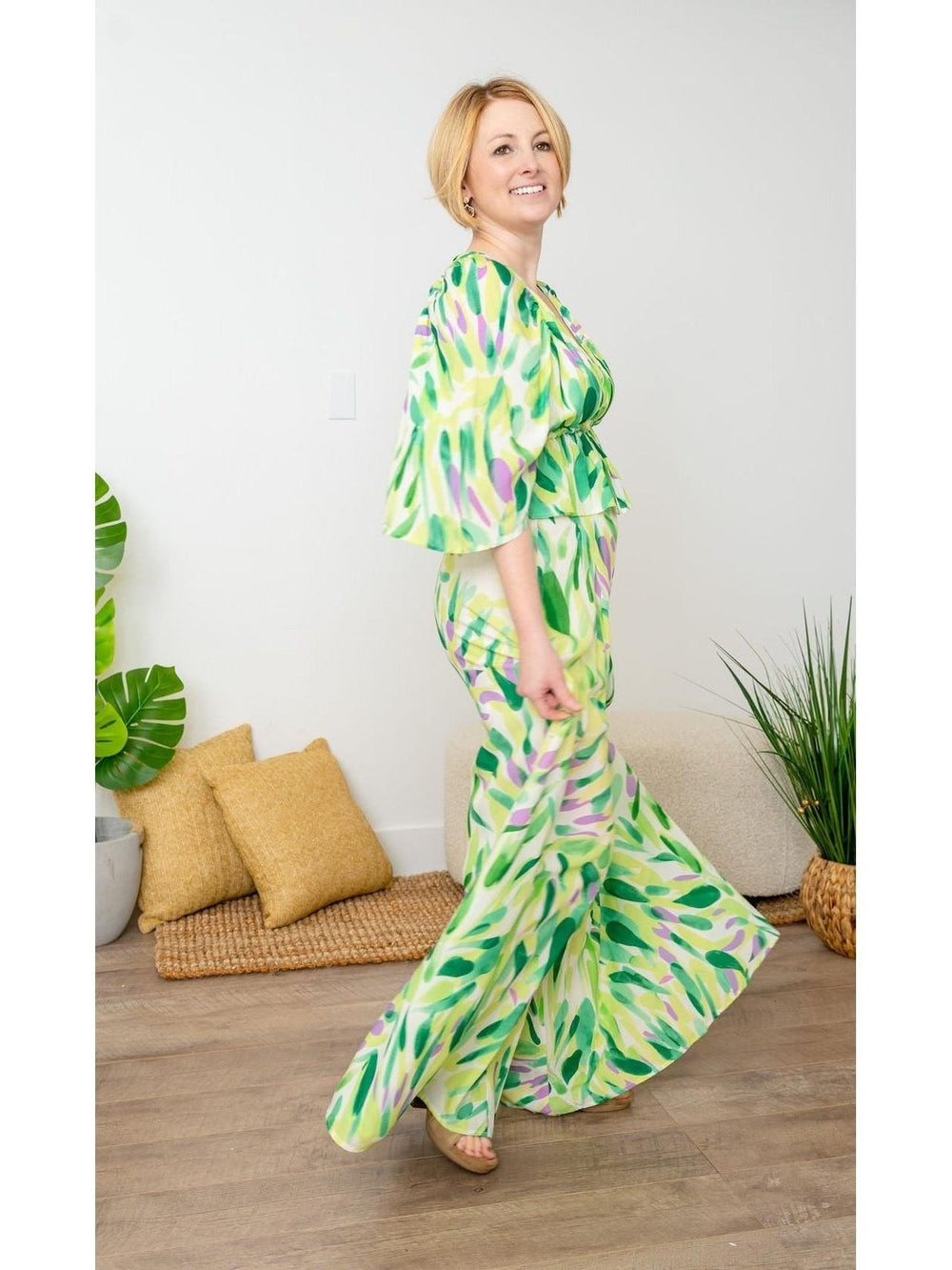 High-Rise Leafy Green, Purple, and White Wide Legged Pants - Lolo Viv Boutique