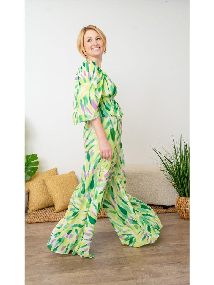 High-Rise Leafy Green, Purple, and White Wide Legged Pants - Lolo Viv Boutique