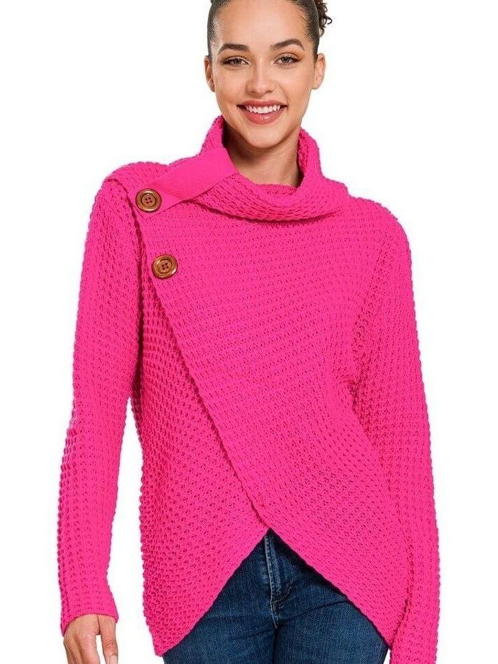 Hot Pink Wrap Asymmetrical Hem Sweater - Lolo Viv Boutique