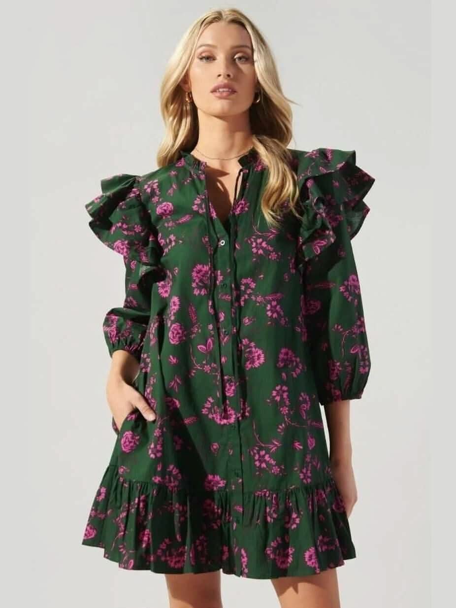 Hunter Green and Pink Ruffle Dress - Lolo Viv Boutique