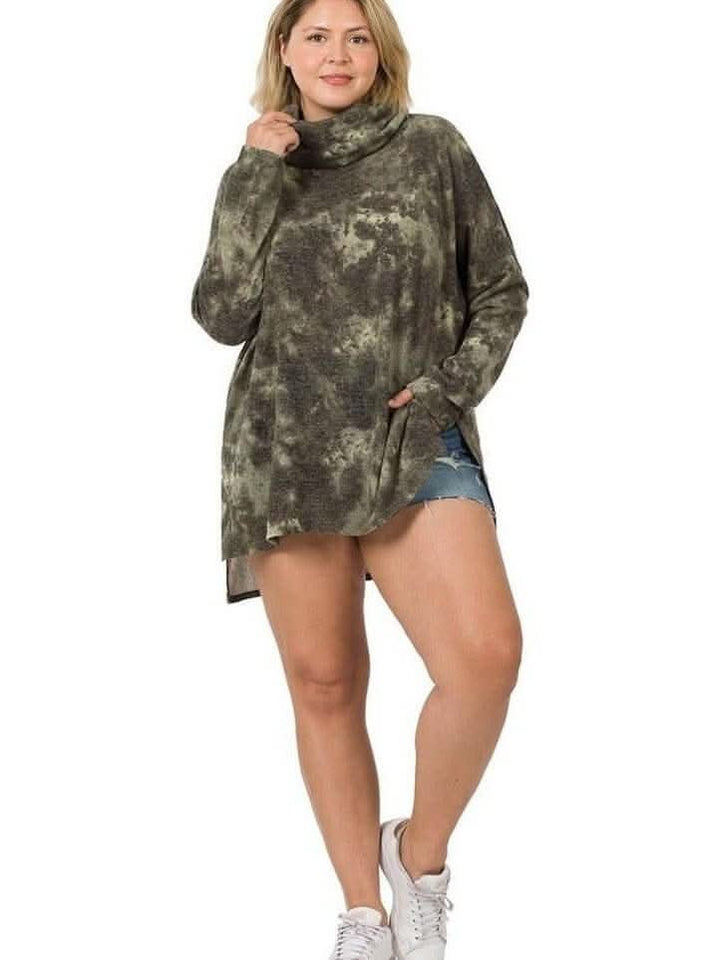 Jacquard Fabric Tie Dye Cowl Neck Hi-Low Top - Lolo Viv Boutique