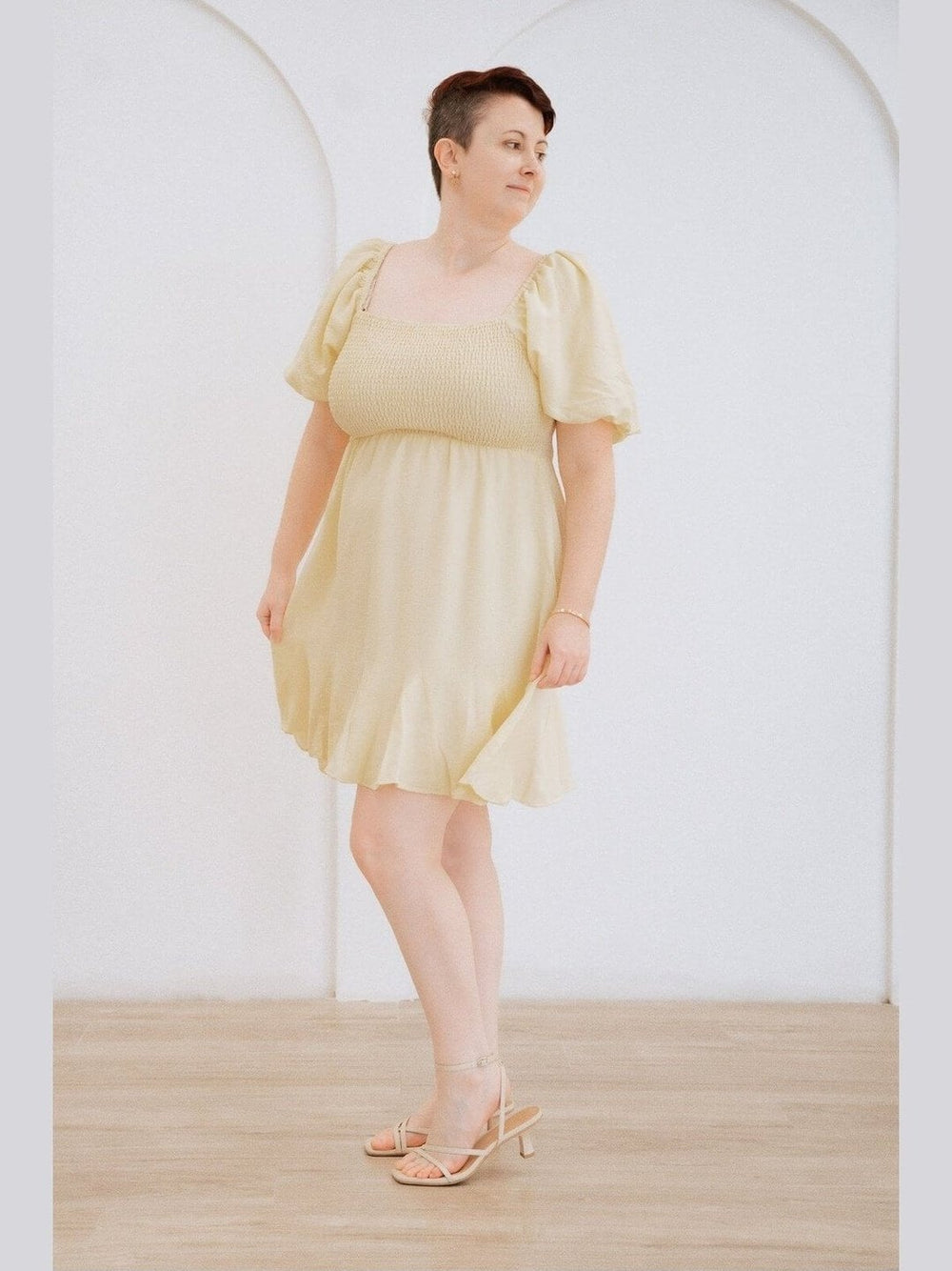 Lemon Smocked Dress with Balloon Sleeves - Curvy