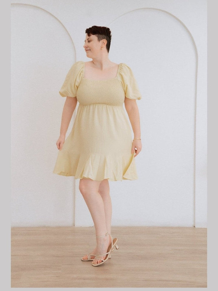 Lemon Smocked Dress with Balloon Sleeves - Curvy