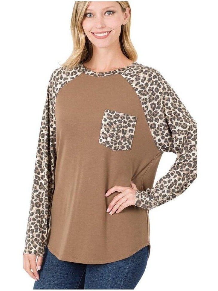 Leopard Raglan Sleeve Patch Pocket Top - Lolo Viv Boutique