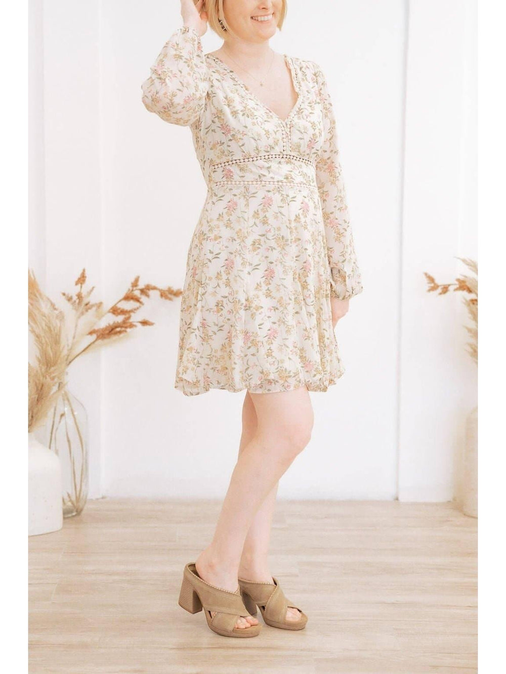 Long Sleeve Floral Dress with Back Smocking - Lolo Viv Boutique