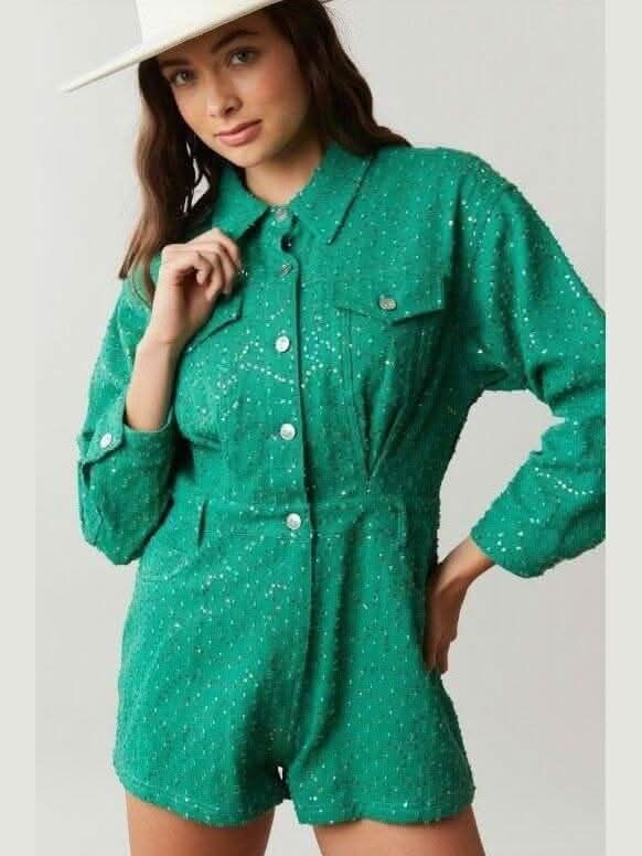 Long Sleeve Teal Sequined Romper - Lolo Viv Boutique