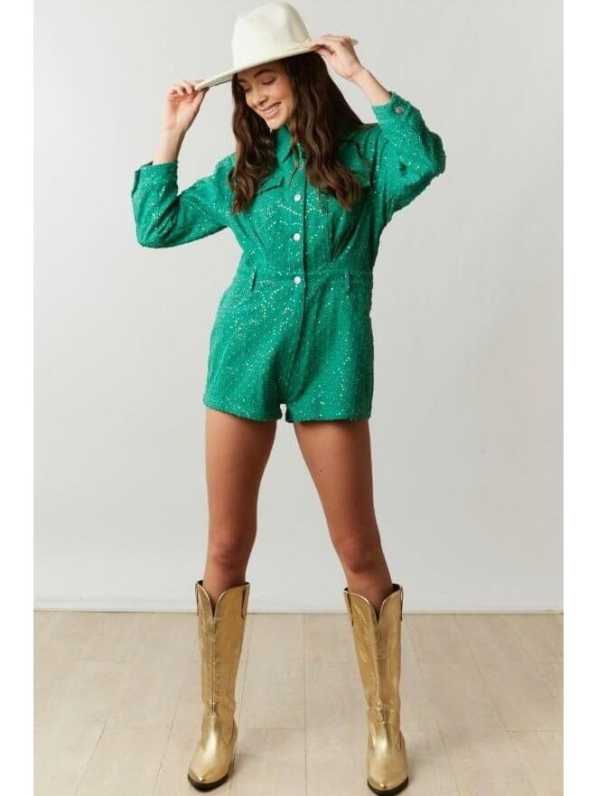 Long Sleeve Teal Sequined Romper - Lolo Viv Boutique