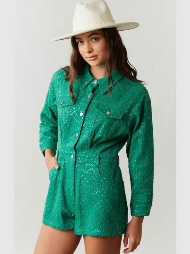 Long Sleeve Teal Sequined Romper - Lolo Viv Boutique