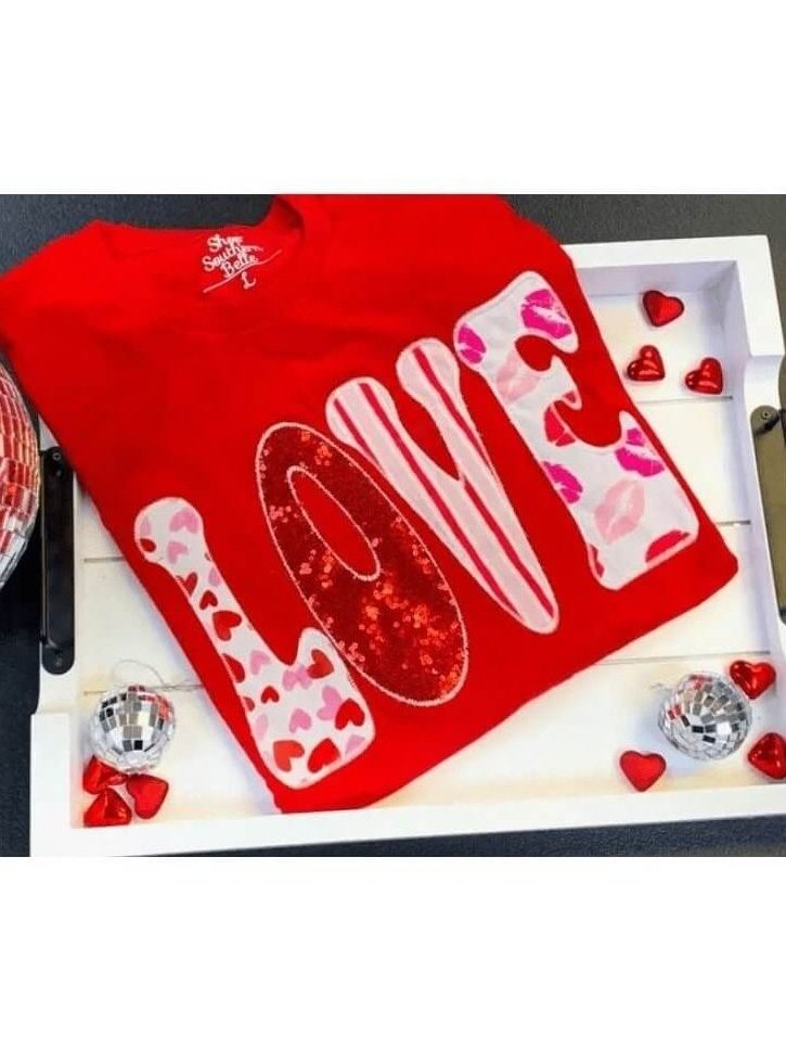 LOVE Valentine's T-Shirt with Fabric and Sequined Embroidery Detail - Lolo Viv Boutique