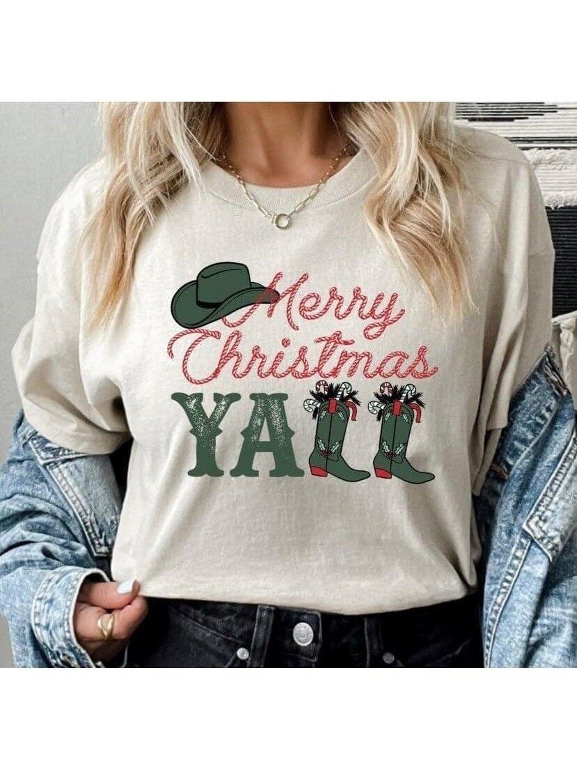 Merry Christmas Y'all T-Shirt with Boots and Cowboy Hat - Lolo Viv Boutique