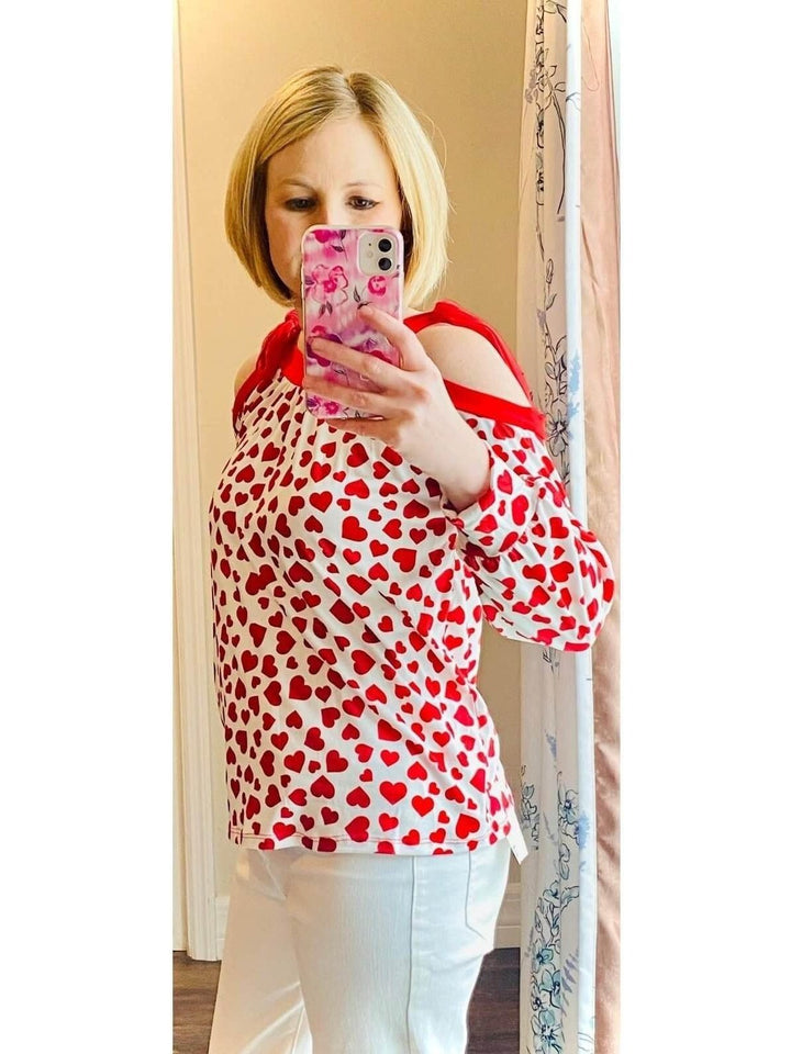 Open Shoulder Red Heart Valentine Shirt - Lolo Viv Boutique