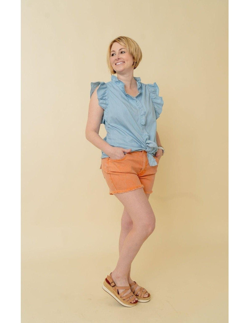 Orange Denim Shorts with Stretch - Lolo Viv Boutique