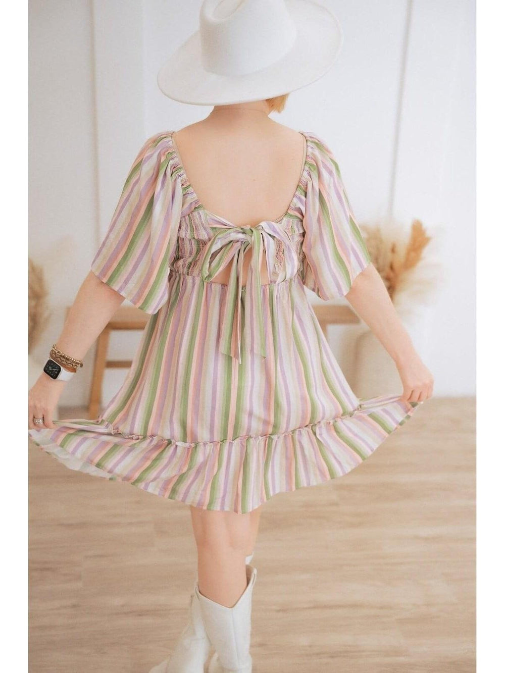 Pastel Striped Smocked Dress with Tie Back