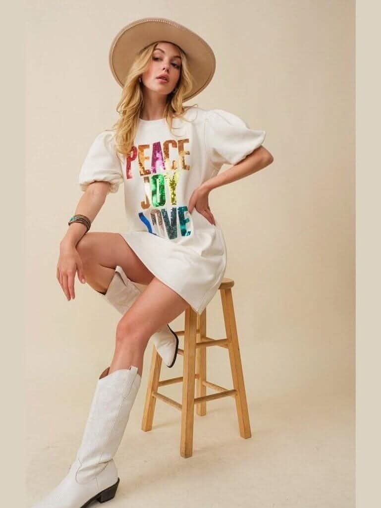 Peace Joy Love Sequin Wording Fleece Dress - Lolo Viv Boutique