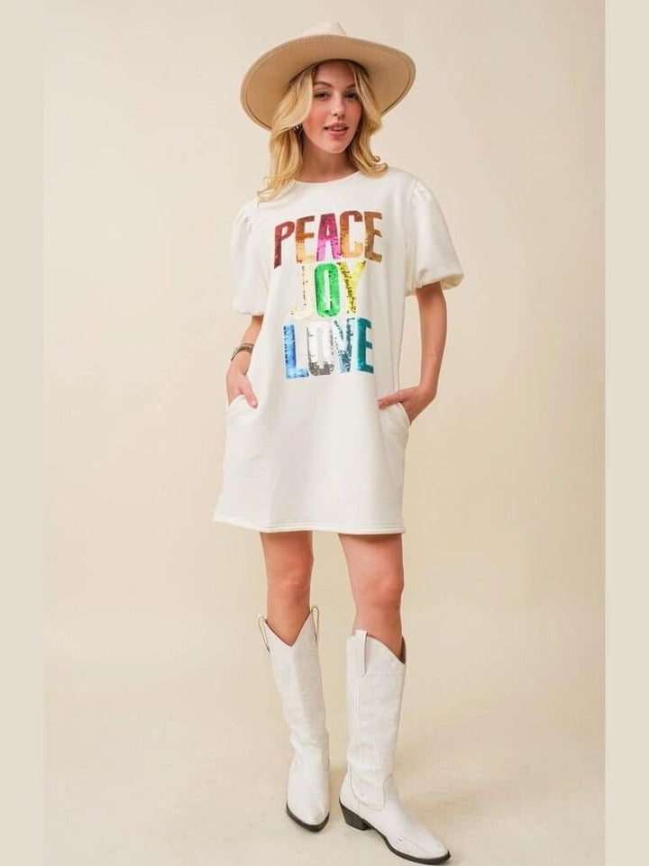 Peace Joy Love Sequin Wording Fleece Dress - Lolo Viv Boutique