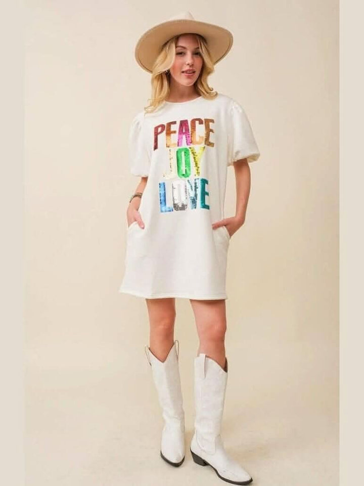 Peace Joy Love Sequin Wording Fleece Dress - Lolo Viv Boutique