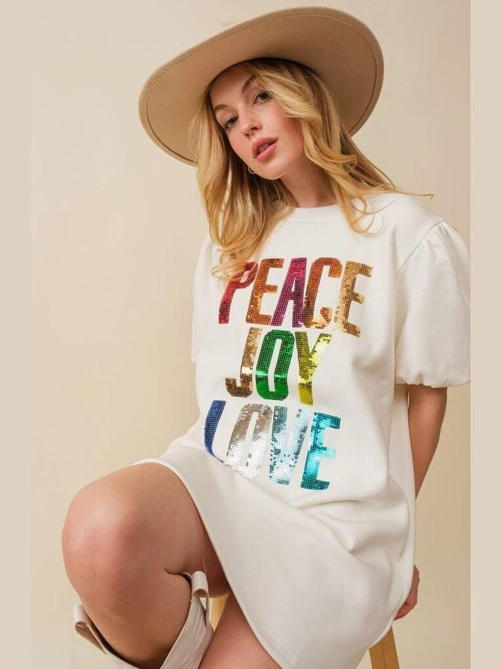 Peace Joy Love Sequin Wording Fleece Dress - Lolo Viv Boutique