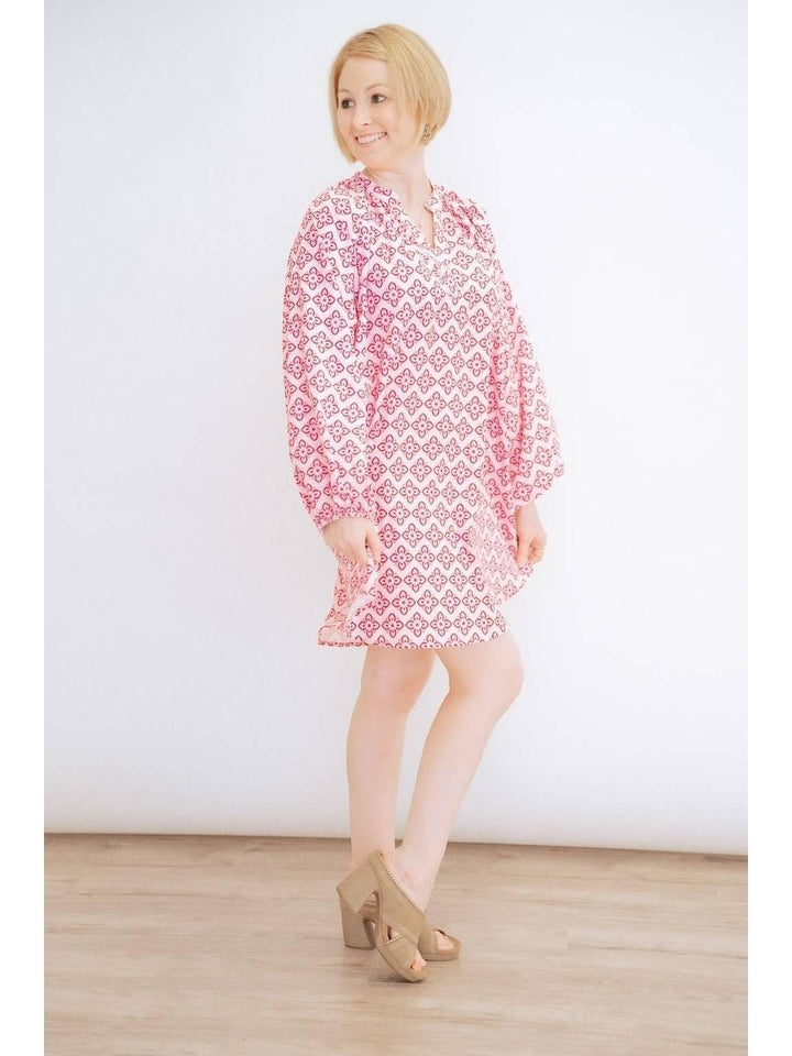 Pink Abstract Print Loose V-Neck Dress