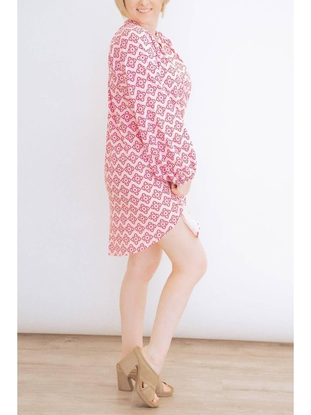 Pink Abstract Print Loose V-Neck Dress