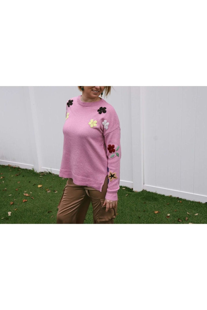 Pink Embroidered Floral Sweater - Lolo Viv Boutique