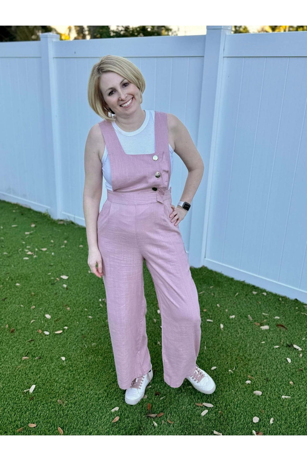 Pink Open Back Overall Jumpsuit with Front Ruffle Detail