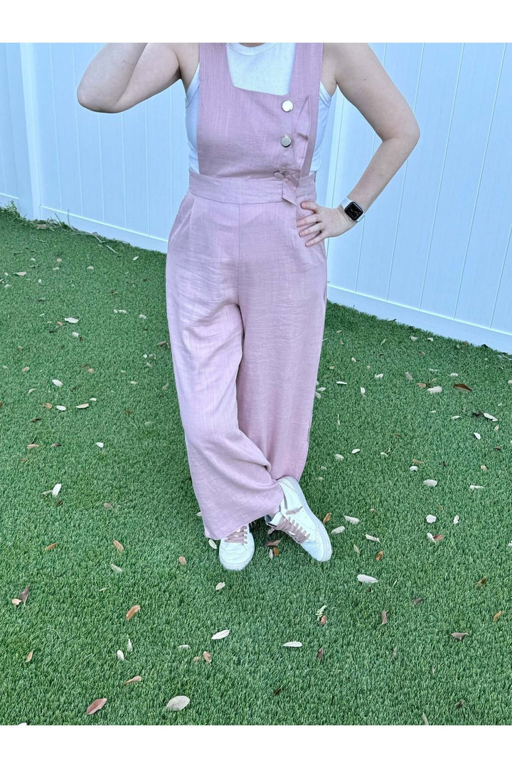 Pink Open Back Overall Jumpsuit with Front Ruffle Detail