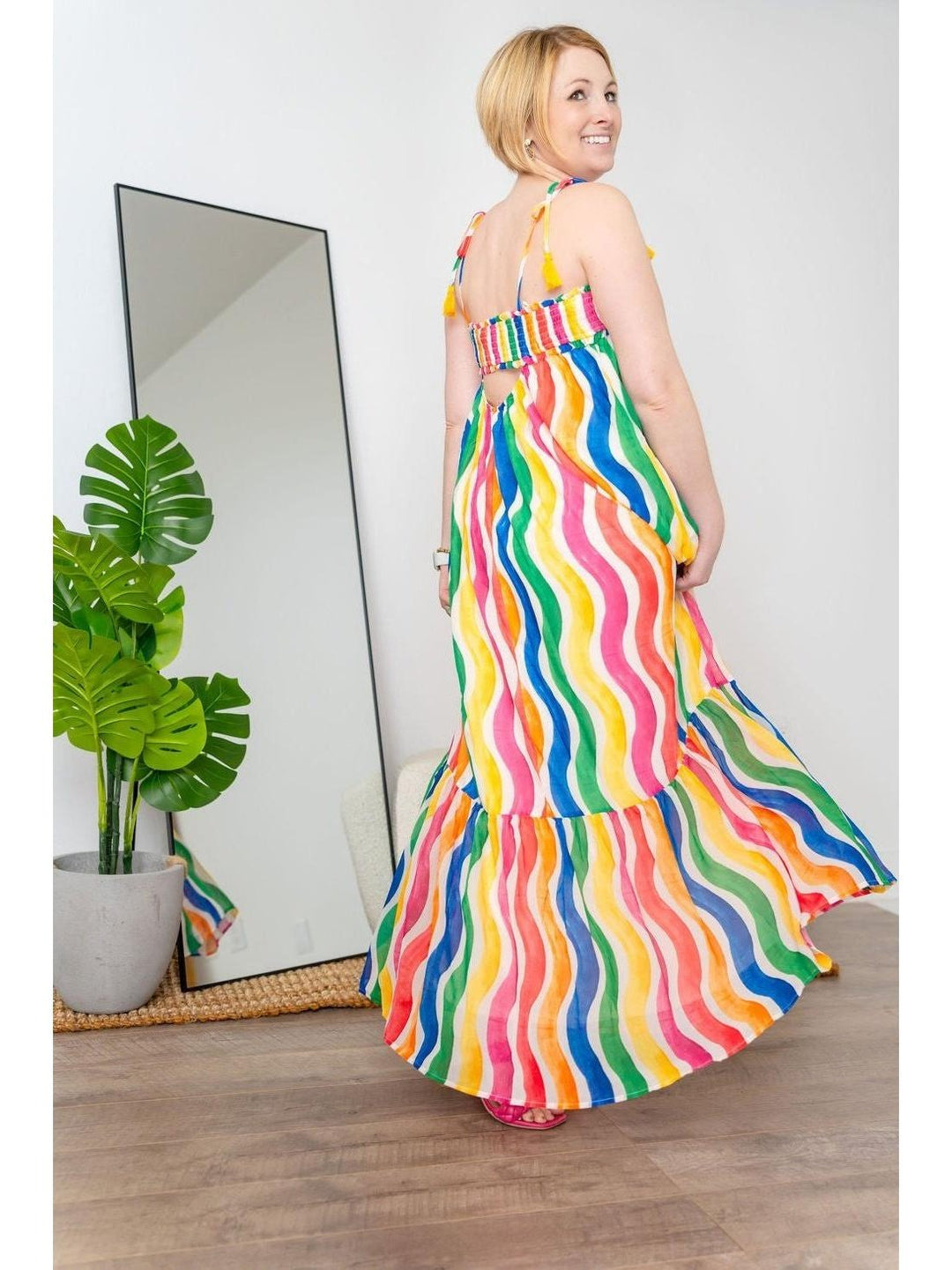 Rainbox Maxi Dress with Tassel Tie Straps - Lolo Viv Boutique
