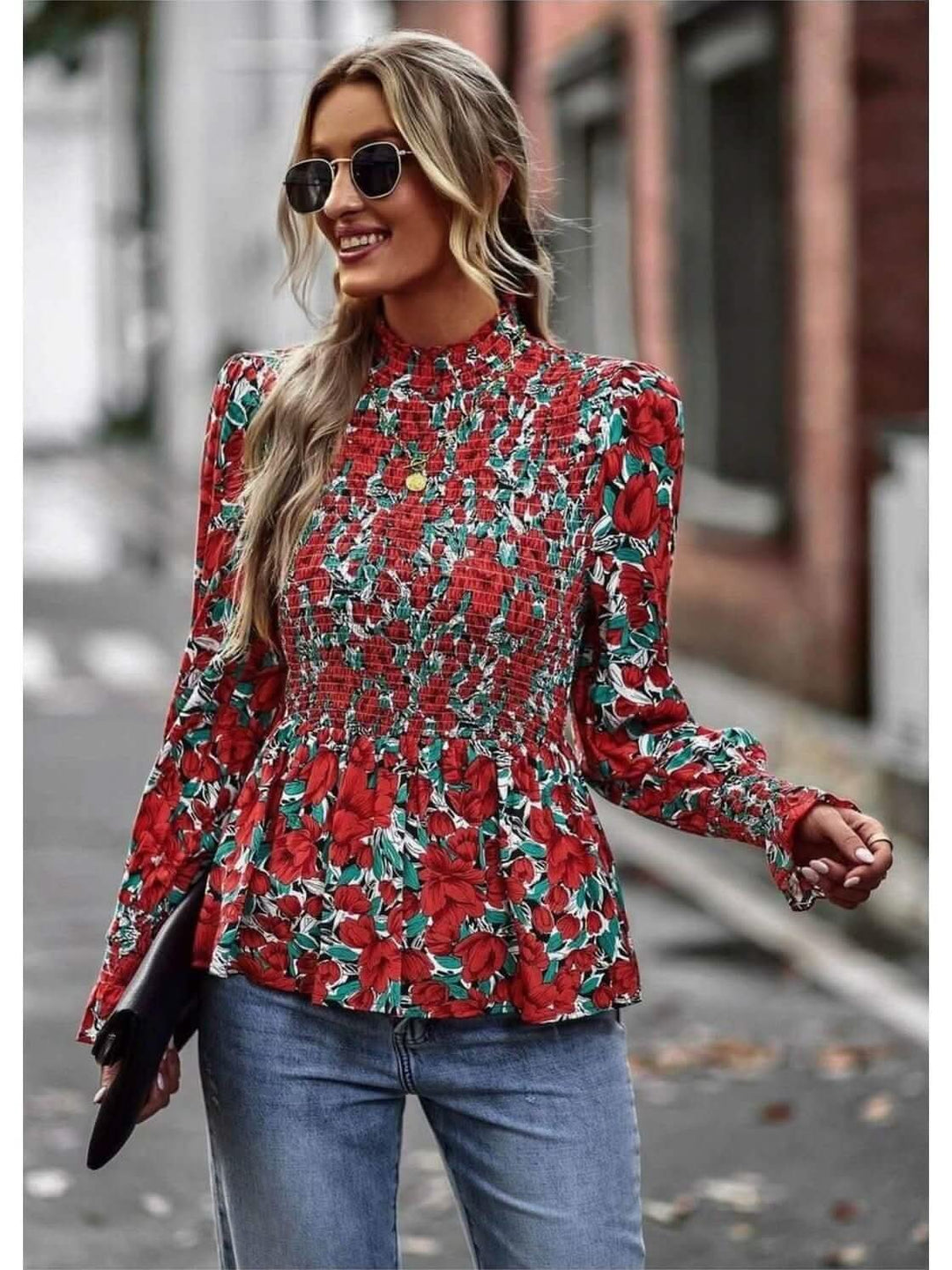 Red and Green Long Sleeve Printed Smock Top - Lolo Viv Boutique